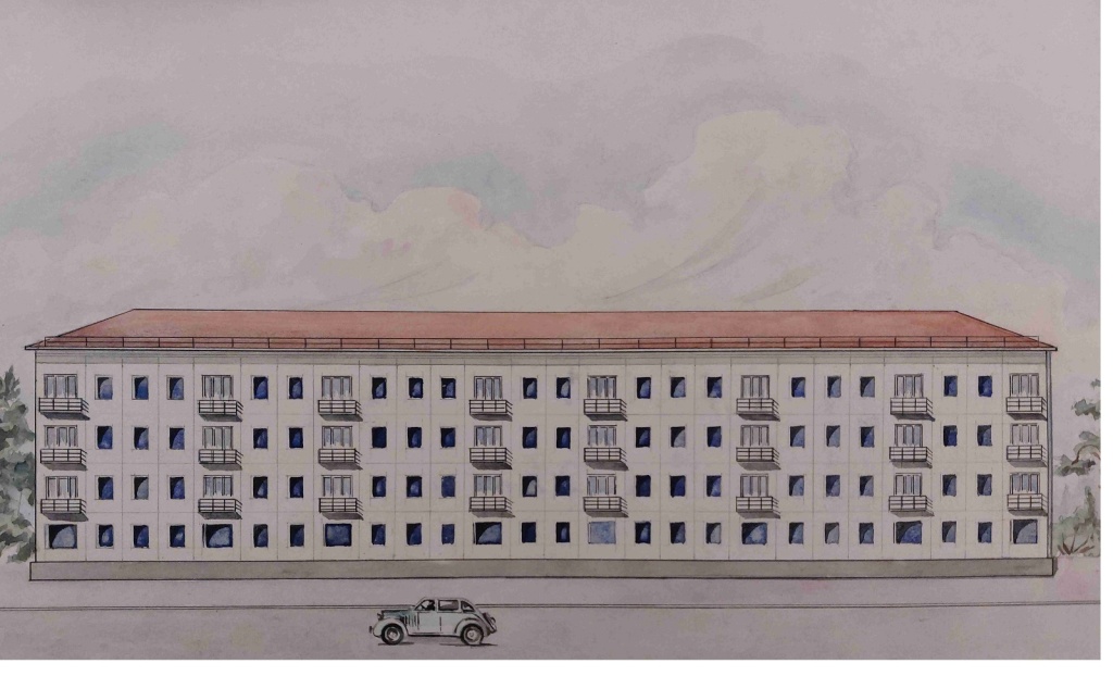 10. Н.П. Розанов. Эскиз экспериментального панельного дома в Выксе. Фасад. 1958.jpg